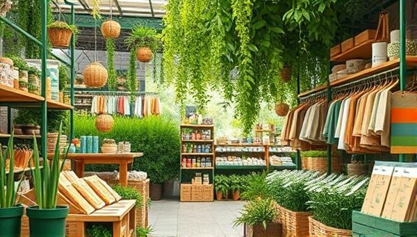 An artistic representation of a lush green marketplace filled with various eco-friendly products such as bamboo utensils, organic cotton clothing, and recycled paper stationery, creating a harmonious and sustainable shopping environment.