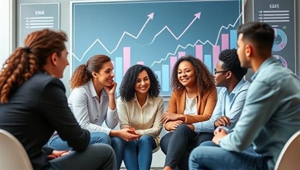 A group of diverse individuals engaging in a coaching session, with financial charts and graphs in the background symbolizing growth and empowerment through financial knowledge.