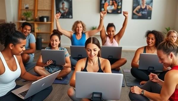 A diverse group of individuals participating in a virtual fitness class on their laptops and tablets, showcasing a sense of community and inclusivity in remote workouts.