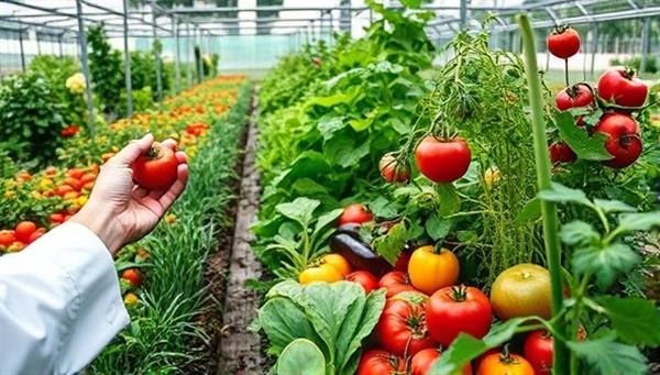 An urban garden overflowing with colorful vegetables and fruits, with a chef