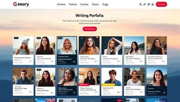 An aesthetically pleasing platform interface showcasing diverse writing portfolios with multimedia elements, testimonials, and engagement metrics, creating a visually captivating and professional showcase for writers and content creators.