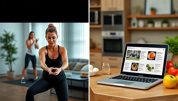 A split-screen image showing a virtual fitness session in progress with a trainer guiding a client through exercises via a video call, and a kitchen scene with healthy ingredients and a laptop displaying a nutrition plan, emphasizing the convenience and effectiveness of remote consultations.