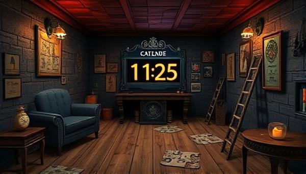 An immersive virtual escape room setting with intricate puzzles, hidden clues, and a countdown timer, illustrating the thrill and suspense of online escape room experiences on the platform.