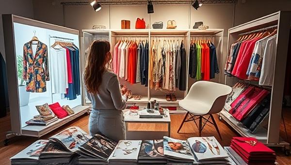 An artistic depiction of a virtual fashion styling session, featuring a stylist and a client exploring style options through a digital wardrobe interface, surrounded by fashion magazines, fabric swatches, and accessory samples, symbolizing creativity and style transformation.