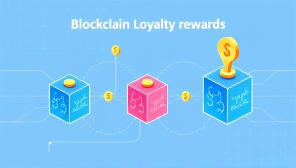 A digital illustration symbolizing blockchain loyalty rewards, featuring interconnected blocks forming a loyalty chain with digital tokens flowing between them, highlighting the secure and transparent nature of blockchain-based loyalty programs.
