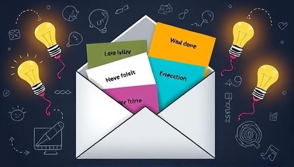 An email inbox filled with colorful envelopes labeled with different writing prompt themes, surrounded by glowing lightbulbs and creative doodles, symbolizing the inspiration and ideas generated by PromptlyWrite