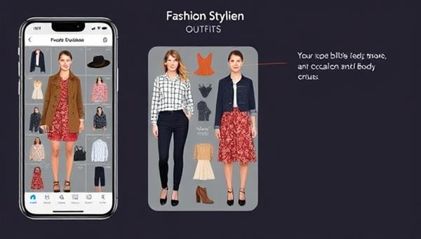 An engaging visual representation of the fashion styling app interface, showcasing virtual outfit combinations tailored to individual preferences, body shapes, and occasions, creating a personalized and immersive fashion experience.