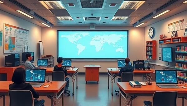 An artistic representation of a virtual classroom equipped with advanced EdTech tools and interactive learning resources, showcasing a futuristic and engaging learning environment for students and educators, emphasizing the seamless integration of technology in education.