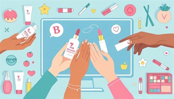 An eye-catching graphic displaying a virtual beauty product exchange scene with diverse hands swapping skincare serums, lipsticks, and palettes through a digital interface, surrounded by vibrant beauty illustrations and symbols, illustrating a dynamic and interactive online beauty swapping community.