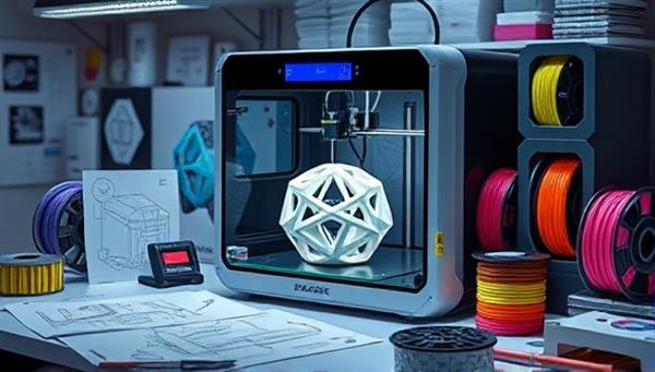 A futuristic workspace with a sleek 3D printer producing a complex geometric design, surrounded by a creative mess of design sketches and vibrant filament spools, illustrating innovation and creativity.