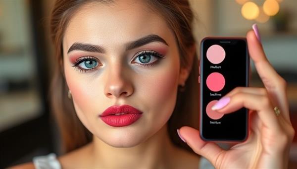 An engaging visualization of a user trying on virtual makeup using the VirtualGlam app, with realistic AR effects showing different lipstick shades, eyeshadows, and blush options, highlighting the app