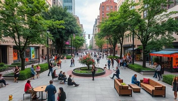 An urban square transformed into a vibrant community space with greenery, public art installations, outdoor seating areas, and diverse groups of people engaging in cultural activities and social interactions, illustrating the transformative power of urban revitalization efforts.