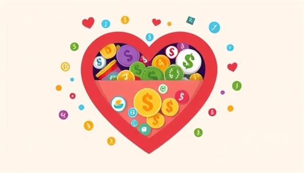A heart-shaped digital wallet icon overflowing with colorful coins and icons representing various charitable causes, evoking emotions of generosity, kindness, and impact through the GiveEase platform.