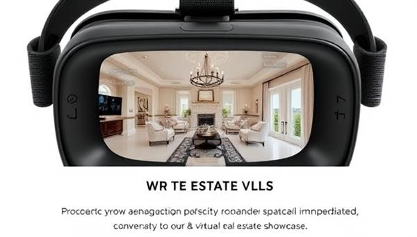 A virtual reality headset displaying a luxurious home interior with interactive navigation buttons and property details, showcasing the immersive experience of VR EstateWalk