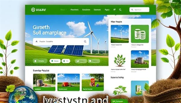 An earthy and green-themed design featuring a marketplace interface with vibrant images of solar panels, wind turbines, and sustainable products, creating a visually appealing and eco-friendly investment atmosphere.