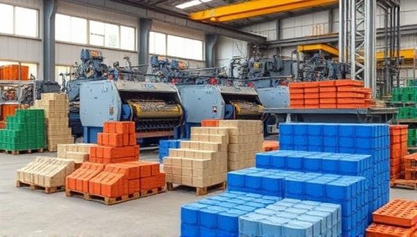 A manufacturing plant scene featuring the production process of recycled plastic building materials, with machinery transforming plastic waste into bricks and tiles, highlighting the eco-friendly and innovative nature of the business.