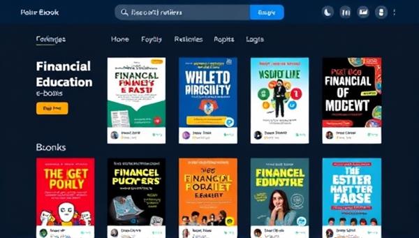 An online e-book platform interface showcasing a diverse collection of financial education e-books with vibrant cover designs and user reviews, creating a visually appealing and engaging digital library experience.