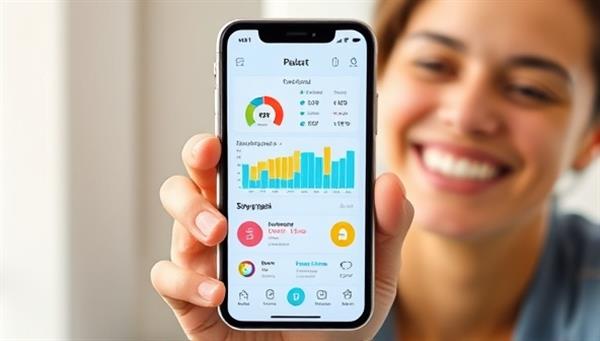An engaging visual of a smartphone screen displaying the PocketPal Pro app interface, showing colorful charts, budget breakdowns, and savings goals, with a smiling user managing their finances effortlessly.
