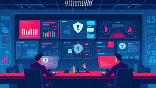 An illustrative digital artwork showcasing a virtual cybersecurity command center with a team of experts monitoring screens displaying cyber threats, firewalls, and security protocols, symbolizing proactive protection and vigilance in safeguarding small businesses against cyber attacks.