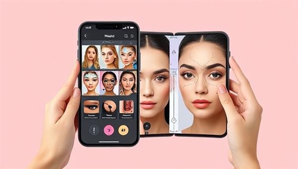 An engaging app interface mockup showing a user trying on virtual makeup products, with a split screen displaying various cosmetic options and a live camera feed of the user