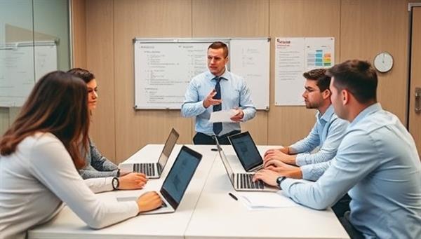 A professional cybersecurity consultant conducting a training session with government employees on data protection best practices, with laptops, security tools, and compliance documents visible in the background, illustrating a focus on security education and readiness.