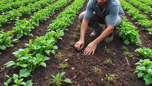A farmer planting seeds using biodegradable seed tapes in a lush green field, surrounded by flourishing crops and healthy soil, highlighting the sustainability and eco-friendliness of biodegradable planting solutions in agriculture.
