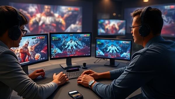 An inspiring visual representation of a mentor guiding a beginner gamer through a strategic gameplay session, with screens displaying gaming tips and improvement suggestions, illustrating the supportive and educational nature of the GameMentor Pro program.