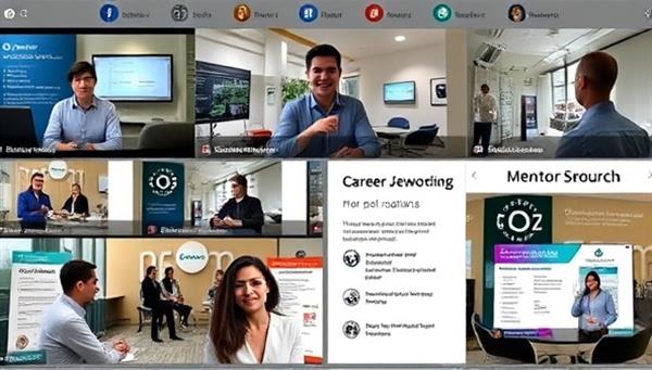 An online career development workshop with professionals participating in a virtual networking session, sharing insights and tips on career advancement and personal branding, with virtual job fair booths and mentorship resources displayed in the background, fostering professional growth and community engagement.