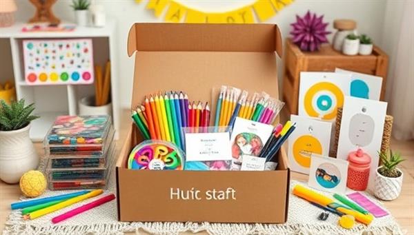 An aesthetically pleasing image of a colorful array of DIY craft materials neatly arranged in a subscription box, surrounded by completed craft projects displayed in a cozy home setting, inspiring creativity and artistic expression.