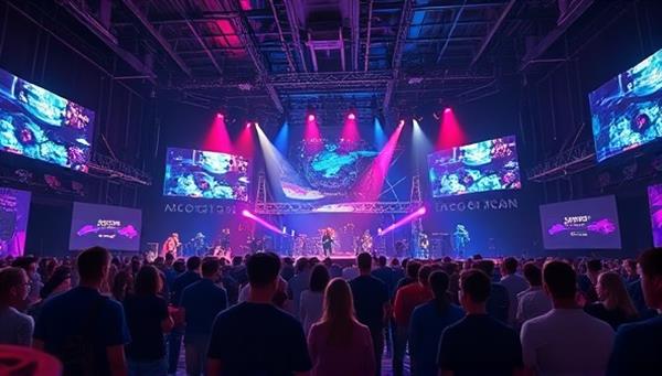 An artistic representation of a virtual gaming concert environment, featuring a dynamic stage setup with live performers, interactive gaming elements, and a virtual audience interacting with the music and visuals, creating a vibrant and engaging atmosphere reminiscent of a real-life music festival in a virtual world.