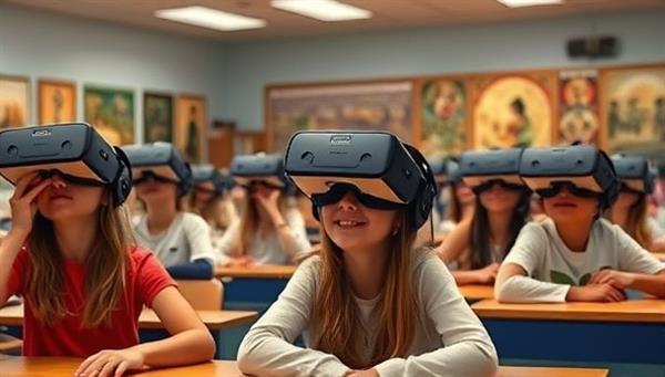 A classroom setting with students wearing VR headsets, fully immersed in a virtual reality field trip to an ancient civilization, with digital artifacts and historical figures coming to life around them, creating an engaging and interactive learning environment.