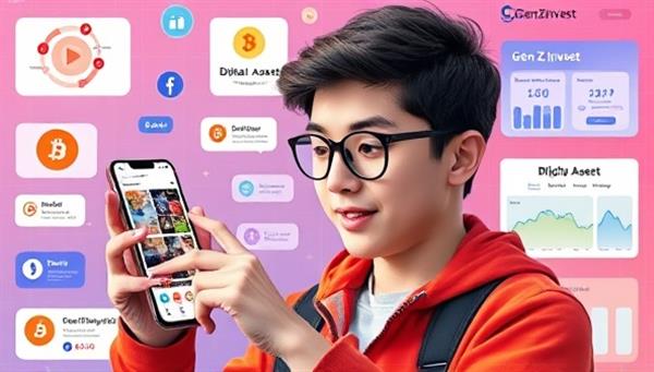 An engaging visual of a Gen Z investor exploring the GenZInvest platform on a smartphone, with colorful graphics depicting various digital asset categories, interactive features, and a vibrant community forum, creating a dynamic and immersive investment experience for young users.