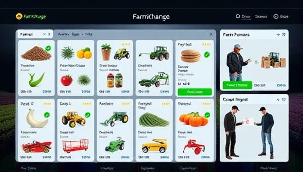 An interactive digital interface showcasing a diverse range of agricultural products and equipment available on the FarmXchange platform, with farmers and suppliers engaging in seamless transactions, highlighting the convenience and efficiency of the marketplace.