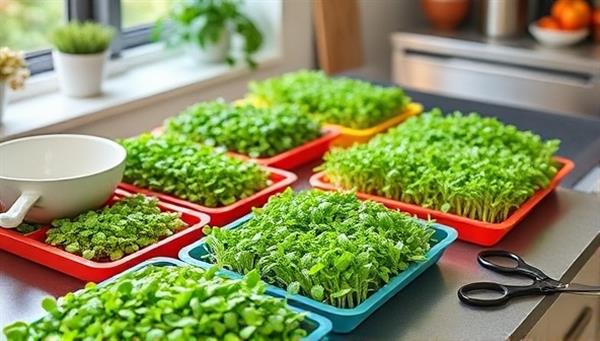 An urban kitchen counter adorned with colorful trays of vibrant microgreens, next to a modern salad bowl and a pair of scissors, highlighting the freshness and convenience of the subscription service.