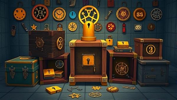 A collection of mysterious puzzle boxes, cryptic symbols, and intricate locks, surrounded by animated avatars of players collaborating on solving the virtual escape room challenges, evoking a sense of mystery and teamwork in a captivating and immersive puzzle-solving environment.