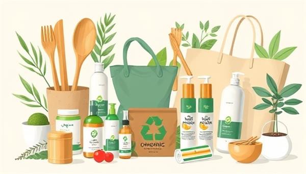 An artistic digital illustration showcasing a collection of eco-friendly lifestyle products, including bamboo utensils, organic skincare items, reusable bags, and plant-based cleaning supplies, arranged in a visually appealing and sustainable-themed composition, highlighting the variety and eco-conscious focus of the subscription box service.