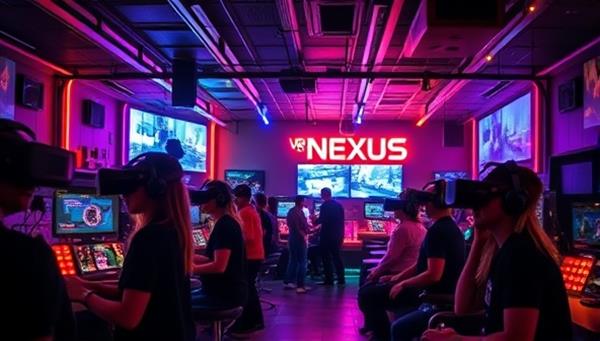 A futuristic gaming lounge filled with neon lights, futuristic VR headsets, and customers immersed in virtual reality worlds, capturing the excitement and innovation of the VR Nexus experience.