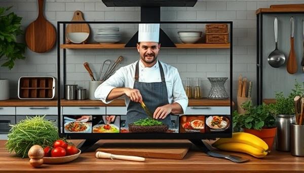A virtual cooking class session with a chef demonstrating a recipe and guiding participants through cooking techniques via a live stream, with fresh ingredients, kitchen tools, and cooking utensils arranged in the background, showcasing interactive and engaging online culinary experiences.