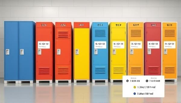 A digital mockup showcasing a variety of colorful and customizable storage lockers with digital interfaces for selecting sizes and rental durations, illustrating the versatility and convenience of the service.