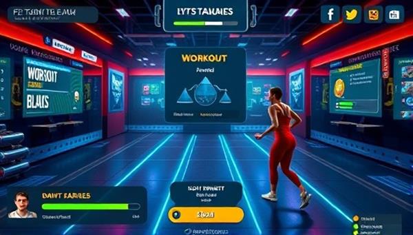 An exciting virtual fitness world where players are completing workout challenges in a digital gym environment, with progress bars, achievement badges, and motivational messages displayed, highlighting the fusion of gaming and fitness elements.