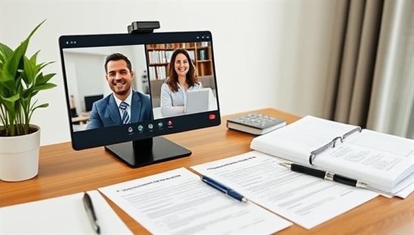 A virtual meeting setup with the GovLink team on a video call with a client, discussing government permit applications on a digital screen, with government documents and legal papers neatly organized on the desk, symbolizing efficiency and professionalism.