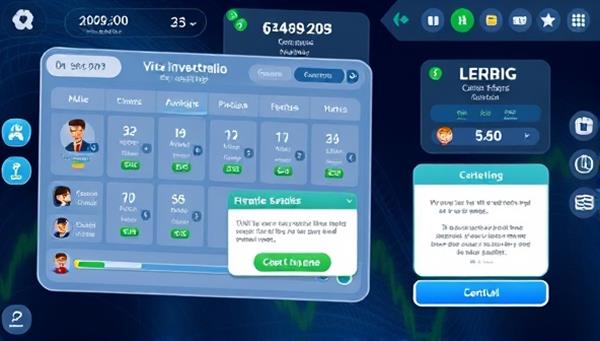 An interactive game interface displaying a virtual investment portfolio with user avatars, progress bars, and educational pop-ups, creating an immersive and educational gaming experience focused on financial literacy.