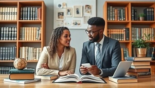 An inspiring visual of a mentor and mentee engaged in a virtual coaching session, surrounded by legal books and career development resources, symbolizing guidance, growth, and empowerment in the legal profession through mentorship and coaching.