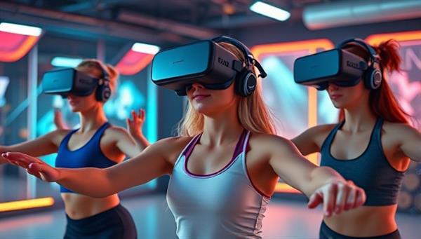 An exciting and futuristic digital illustration of users wearing VR headsets, engaging in a virtual workout class led by a virtual instructor in a dynamic and immersive fitness environment, highlighting the blend of technology and physical activity.