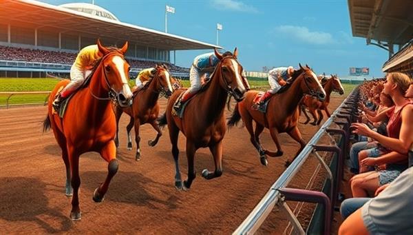 An immersive VR horse racing scene displaying sleek virtual horses, detailed race tracks, and a cheering crowd in the stands, capturing the excitement and realism of virtual horse racing in a dynamic gaming environment.