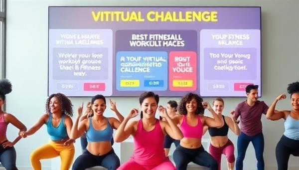 A vibrant and energetic image of a diverse group of individuals participating in a virtual fitness challenge, showcasing different workout routines and exercises, with motivational quotes and progress trackers displayed on the screen, inspiring a sense of community and achievement.