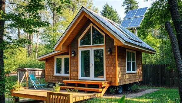 A beautifully designed tiny home nestled in a lush green environment, featuring solar panels, a rainwater collection system, and large windows for natural light, emphasizing sustainability and modern living.