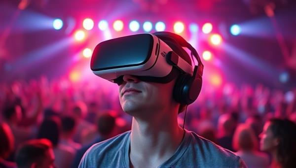 An image of a person wearing a VR headset, surrounded by a lively virtual concert crowd, with vibrant stage lights and digital effects, capturing the essence of an immersive music experience.