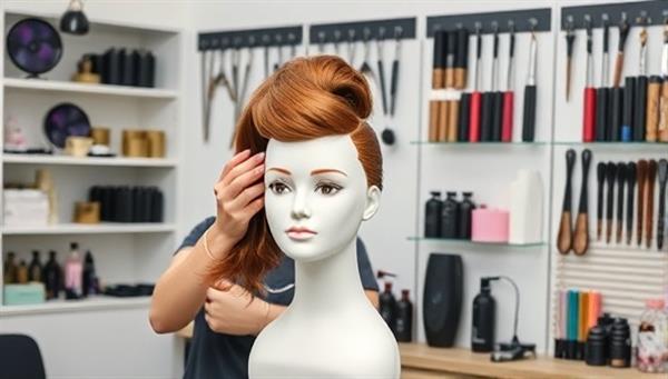 An image of a professional hairstylist demonstrating a hairstyle tutorial on a mannequin head, with a variety of hair tools and products neatly arranged in the background, conveying a sense of creativity and learning in a virtual setting.