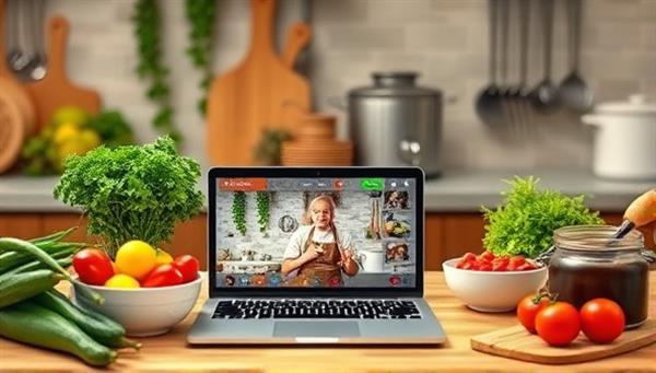 An inviting kitchen setup with fresh ingredients, cooking utensils, and a laptop displaying a live cooking class, creating a warm and interactive environment for online culinary learning.